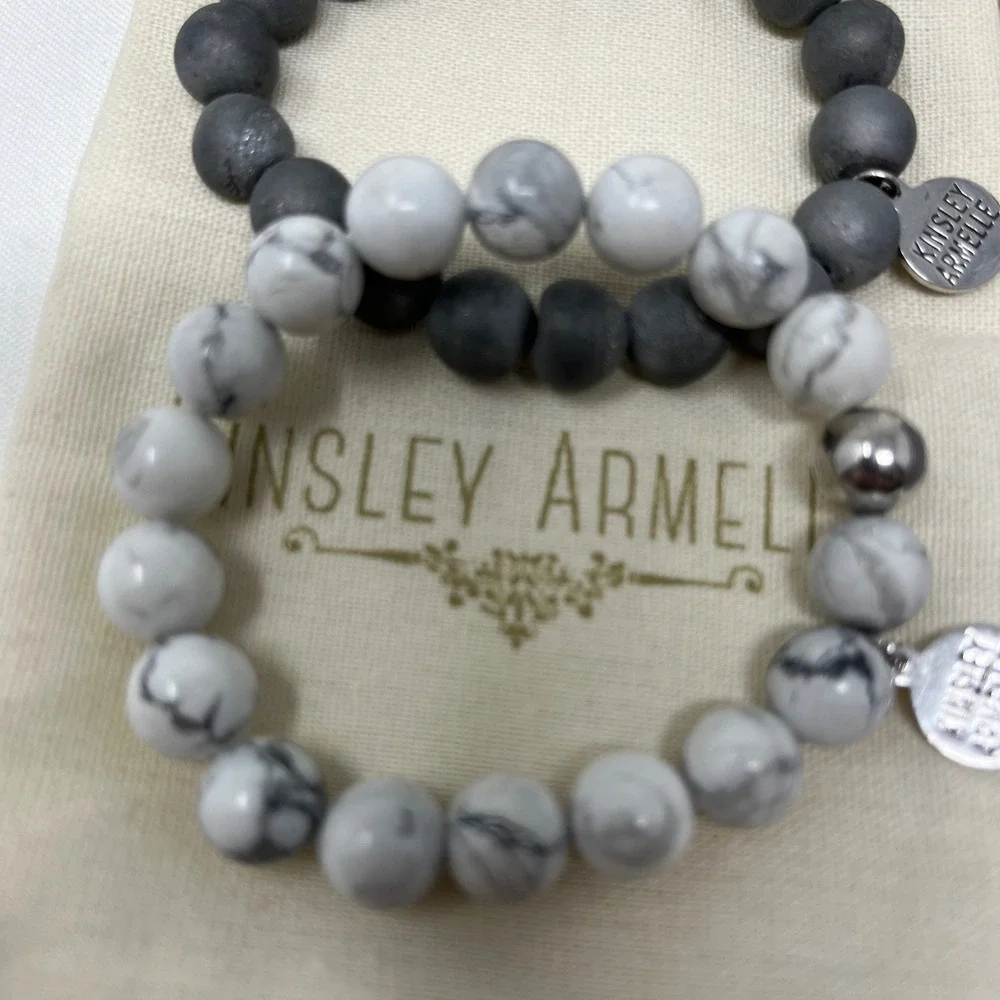 Kinsley Armelle Beaded Stretch Bracelet Set Howlite Gray Druzy 2pc w/ Tin Pouch